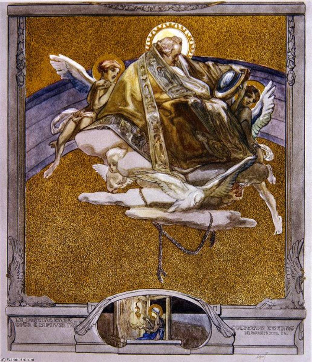 Illustrazione di uomo, presumibilmente Cacciaguida, che fluttua nell'aria attorniato da angeli su uno sfondo dorato