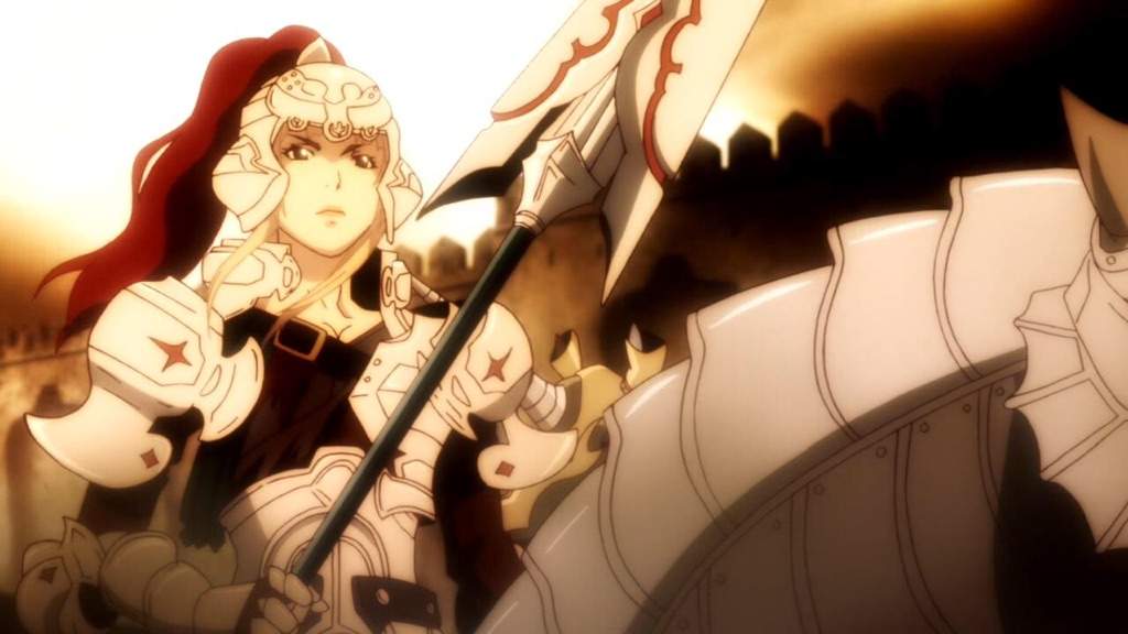 Nell'immagine viene presentata la versione animata di Giovanna d'Arco. La guerriera è ripresa mentre è a cavallo, in armatura.