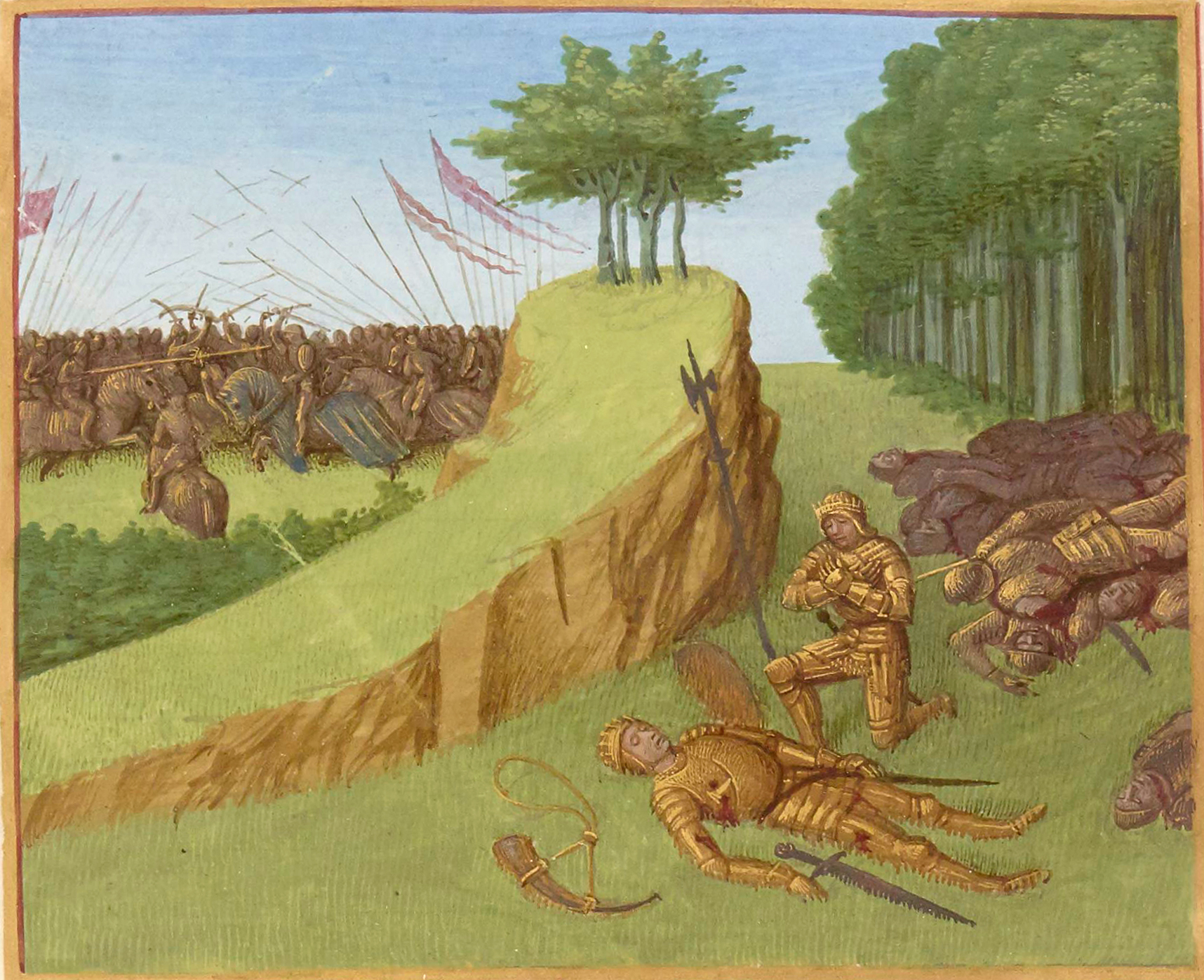 Bataille de Roncevaux en 778. Mort de Roland Grandes Chroniques de France, enluminées par Jean Fouquet, Tours, vers 1455-1460 Paris, BnF